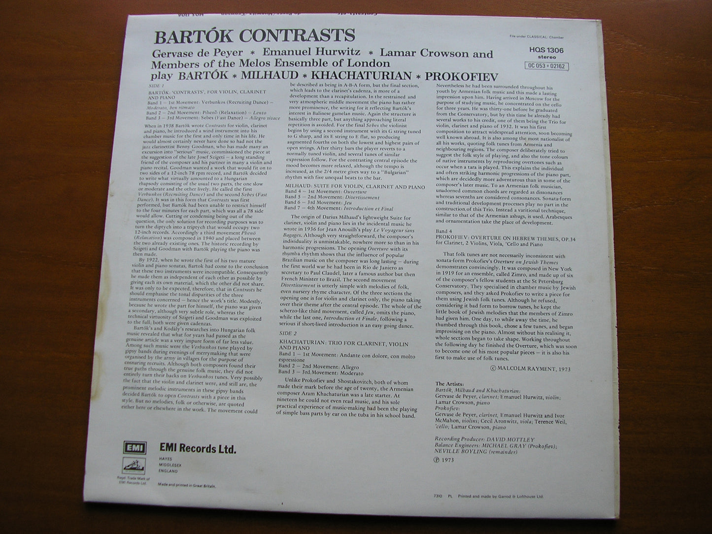 BARTOK: CONTRASTS / MILHAUD: SUITE / KHACHATURIAN: TRIO / PROKOFIEV: OVERTURE DE PEYER / CROWSON / HURWITZ / MELOS ENSEMBLE HQS 1306