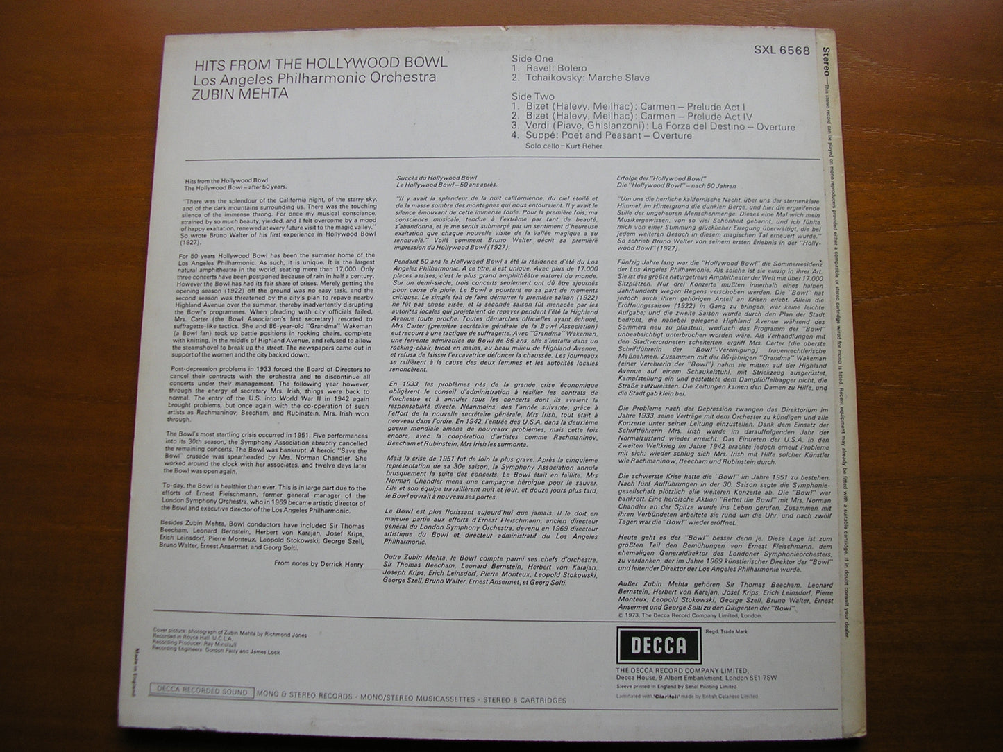 HITS FROM THE HOLLYWOOD BOWL: RAVEL / TCHAIKOVSKY / SUPPE / VERDI / BIZET MEHTA / LOS ANGELES PHILHARMONIC SXL 6568