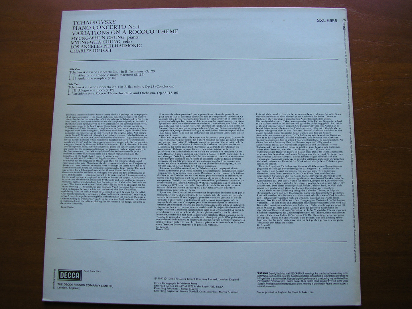 TCHAIKOVSKY: PIANO CONCERTO No. 1 / VIOLIN CONCERTO MYUNG-WHUN CHUNG / MYUNG-WHA CHUNG / LAPO / DUTOIT SXL 6955
