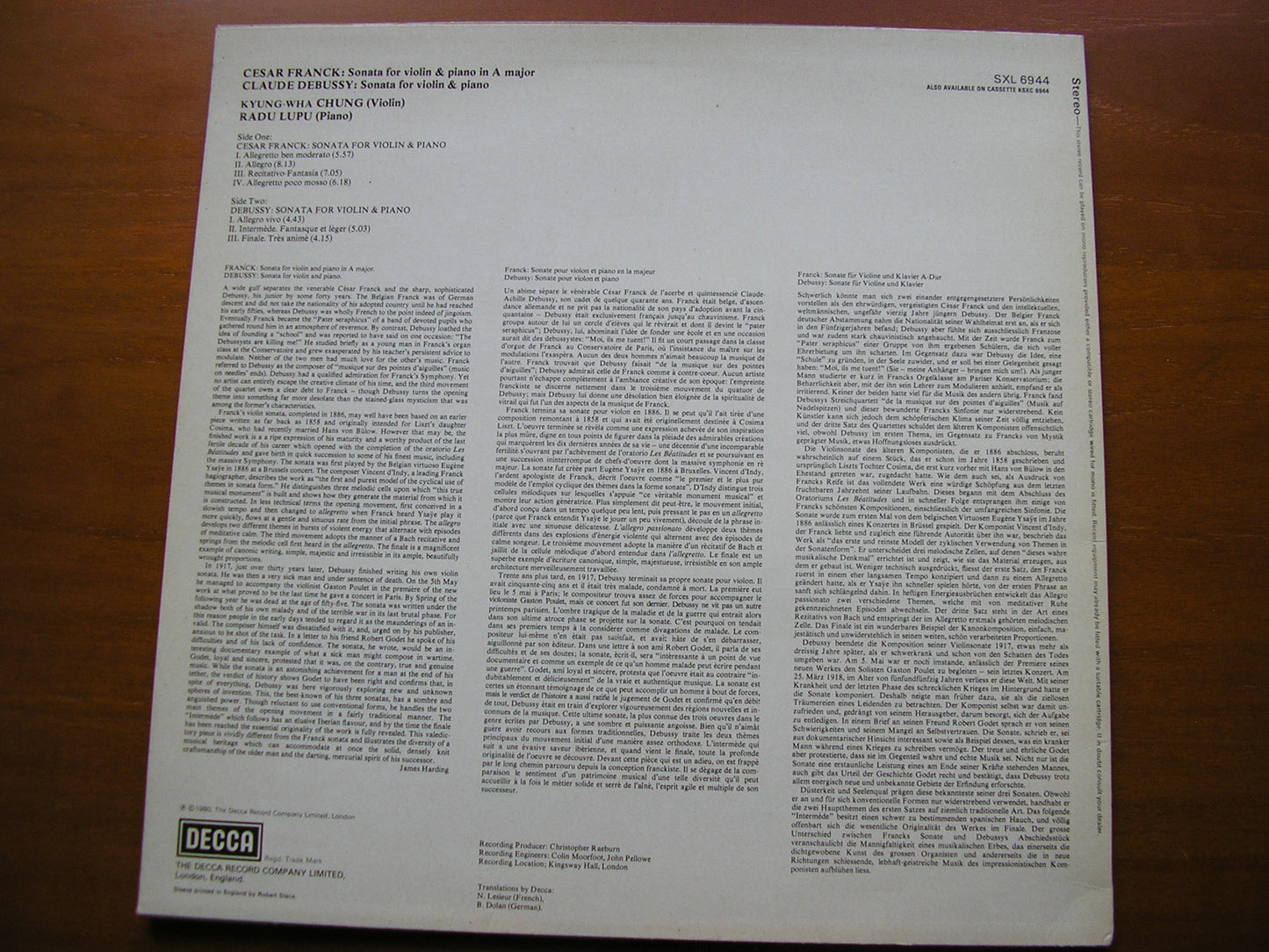 FRANCK & DEBUSSY: SONATAS FOR VIOLIN & PIANO CHUNG / LUPU SXL 6944