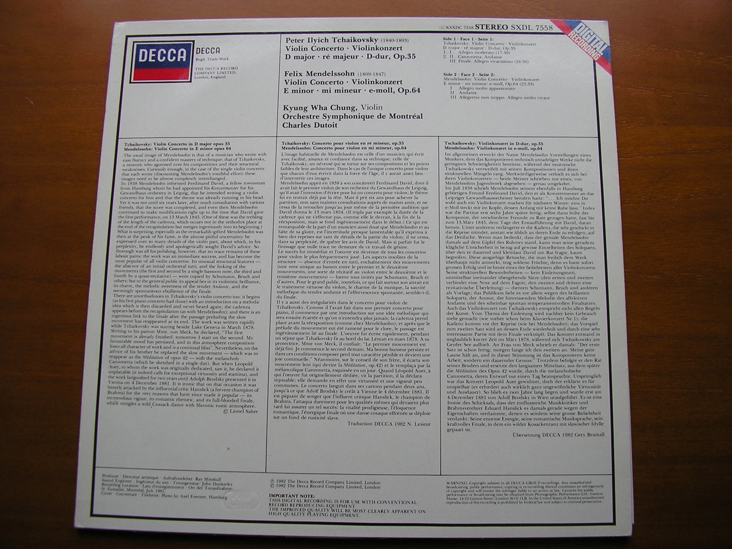 MENDELSSOHN & TCHAIKOVSKY: VIOLIN CONCERTOS CHUNG / MONTREAL SYMPHONY / DUTOIT SXDL 7558