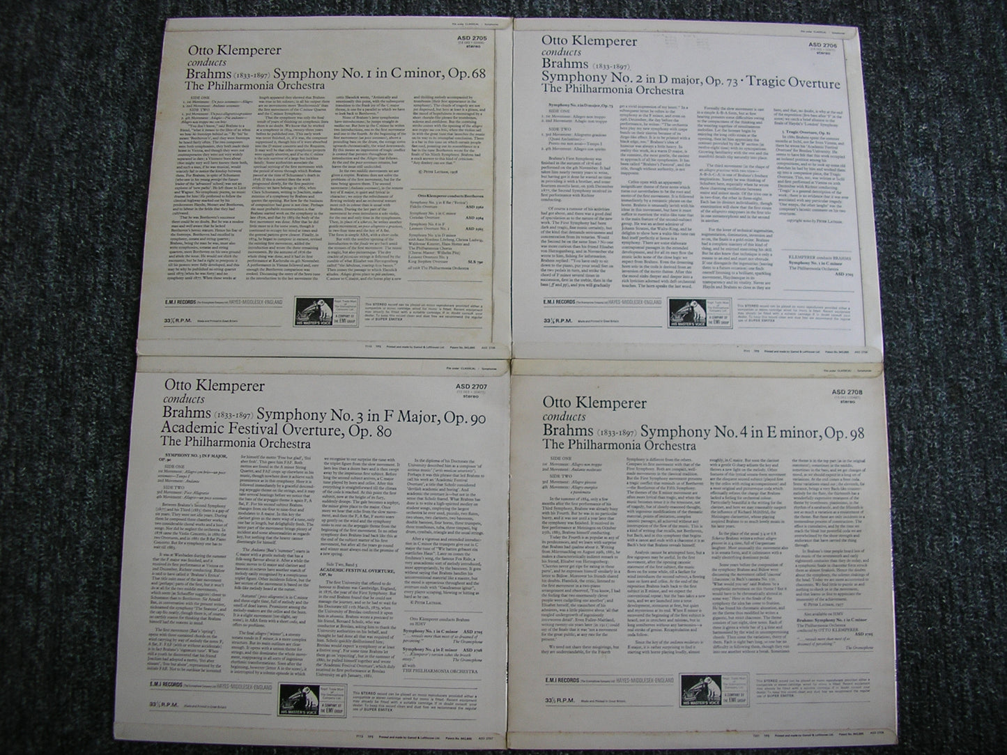 BRAHMS: THE FOUR SYMPHONIES / TWO OVERTURES KLEMPERER / PHILHARMONIA ASD 2705 / 2706 / 2707 /2708