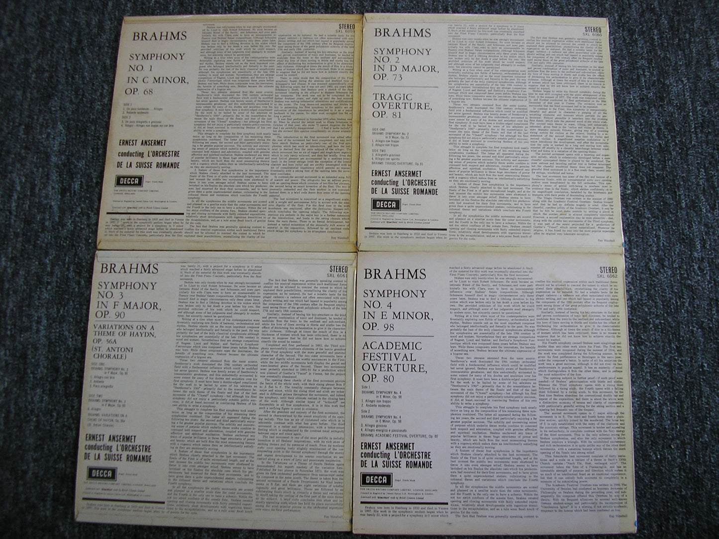 BRAHMS: THE FOUR SYMPHONIES / OVERTURES ANSERMET / SUISSE ROMANDE SXL 6059 / 6060 / 6061 / 6062