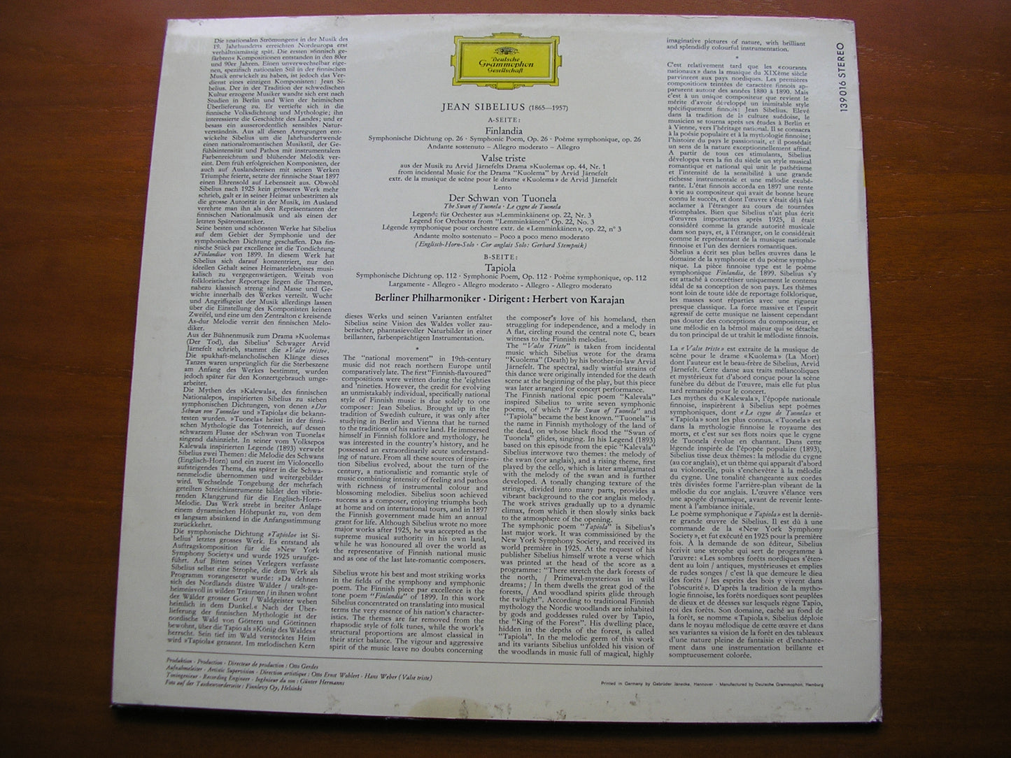 SIBELIUS: FINLANDIA / VALSE TRISTE / TAPIOLA / THE SWAN KARAJAN / BERLIN PHILHARMONIC 139 016
