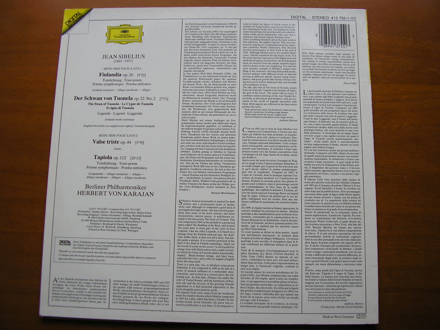 SIBELIUS: FINLANDIA / VALSE TRISTE / TAPIOLA / THE SWAN KARAJAN / BERLIN PHILHARMONIC 413 755