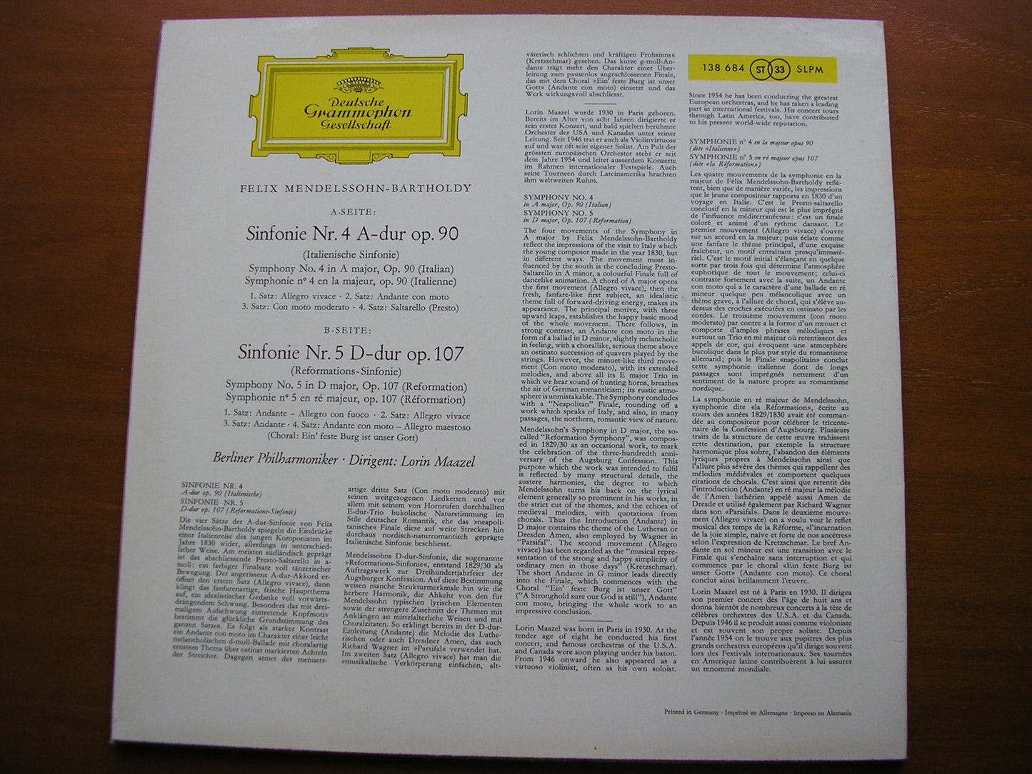 MENDELSSOHN: SYMPHONIES Nos. 4 'Italian' & 5 'Reformation' MAAZEL / BERLIN PHILHARMONIC 138 684