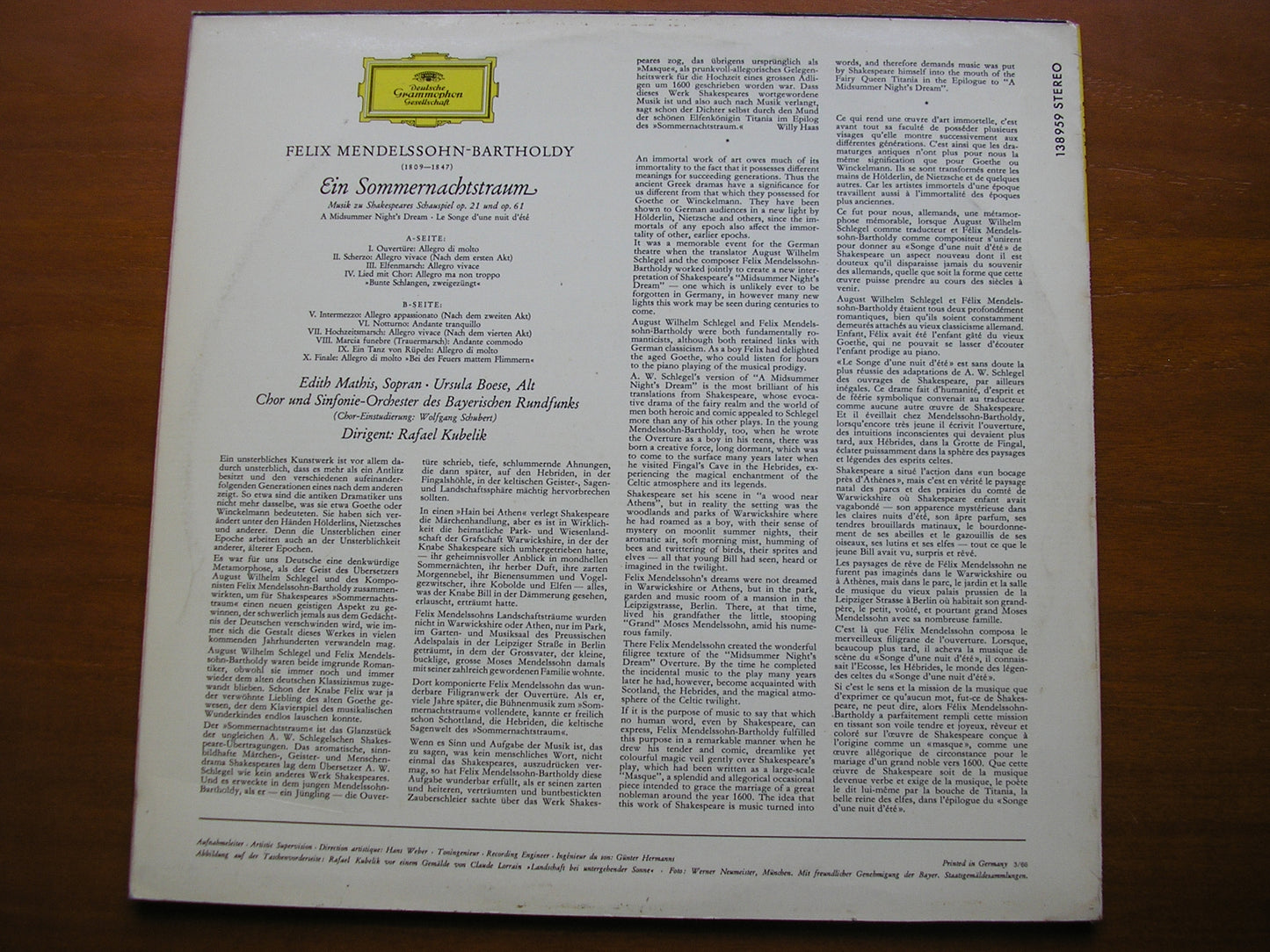 MENDELSSOHN: A MIDSUMMER NIGHT'S DREAM SOLOISTS / BAVARIAN RADIO SYMPHONY / KUBELIK 138 959