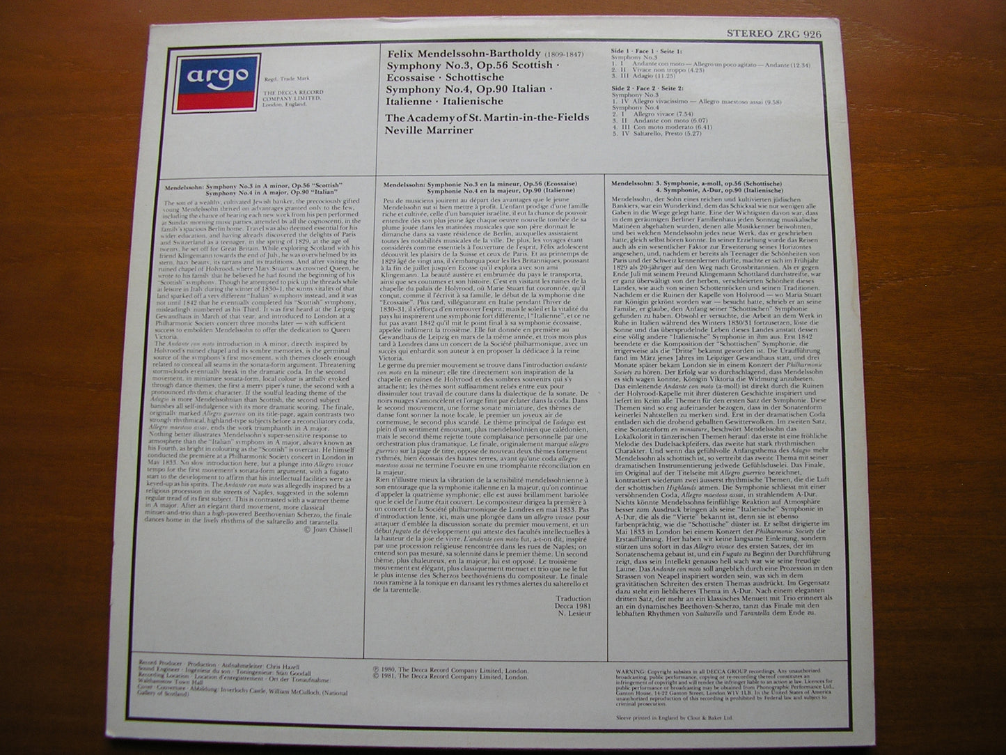 MENDELSSOHN: SYMPHONIES Nos. 3 & 4     MARRINER / ASMIF     ZRG 926