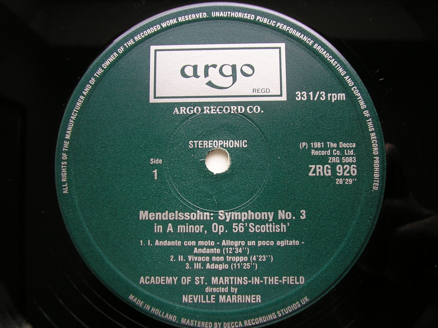 MENDELSSOHN: SYMPHONIES Nos. 3 & 4     MARRINER / ASMIF     ZRG 926