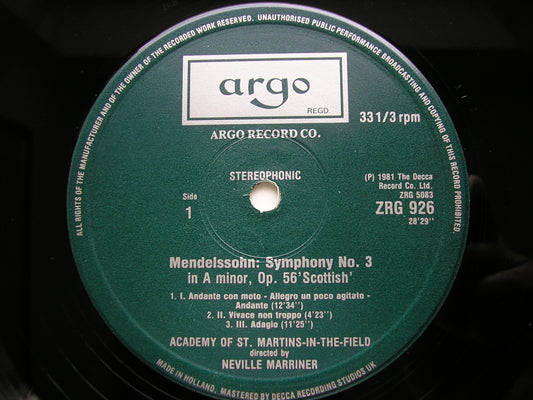 MENDELSSOHN: SYMPHONIES Nos. 3 & 4     MARRINER / ASMIF     ZRG 926