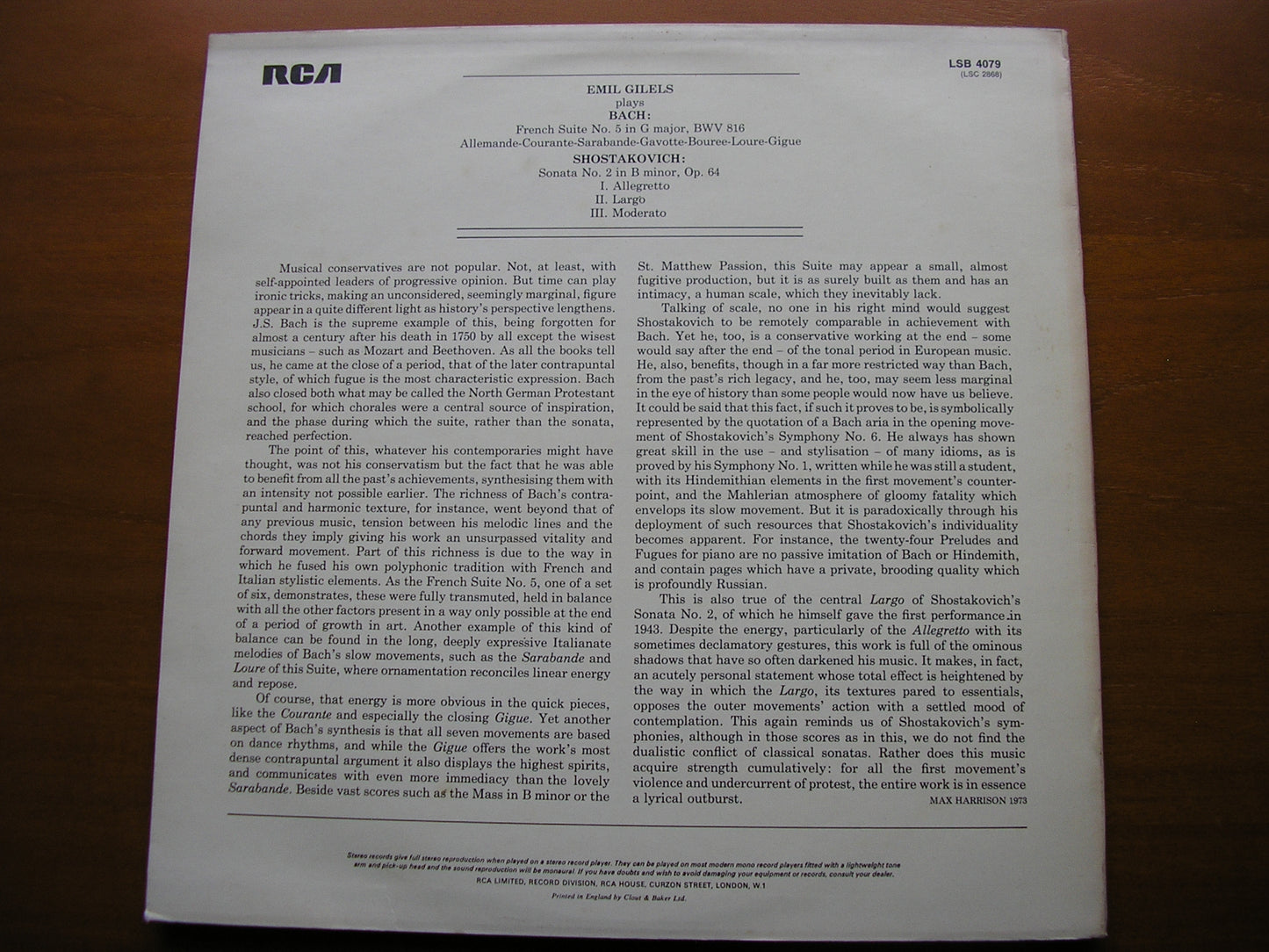 BACH: FRENCH SUITE No. 5 / SHOSTAKOVICH: PIANO SONATA No. 2      EMIL GILELS     LSB 4079