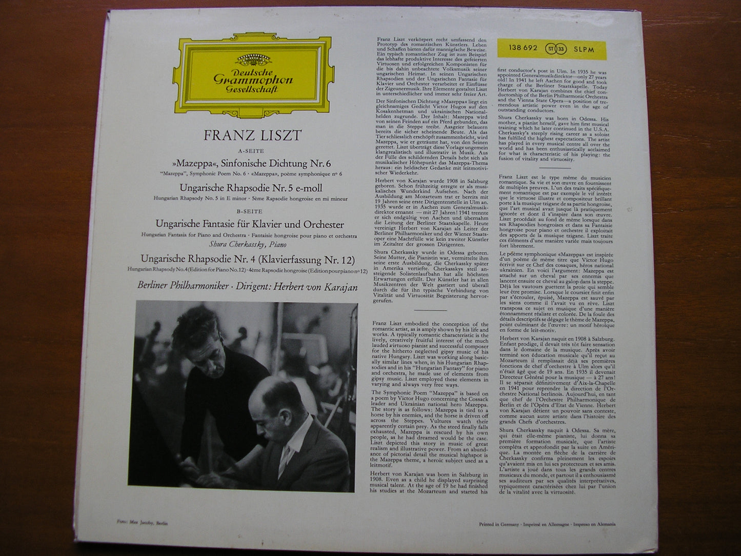 LISZT: MAZEPPA / HUNGARIAN FANTASIA / HUNGARIAN RHAPSODIES Nos. 4 & 5 CHERKASSKY / BERLIN PHILHARMONIC / KARAJAN 138 692