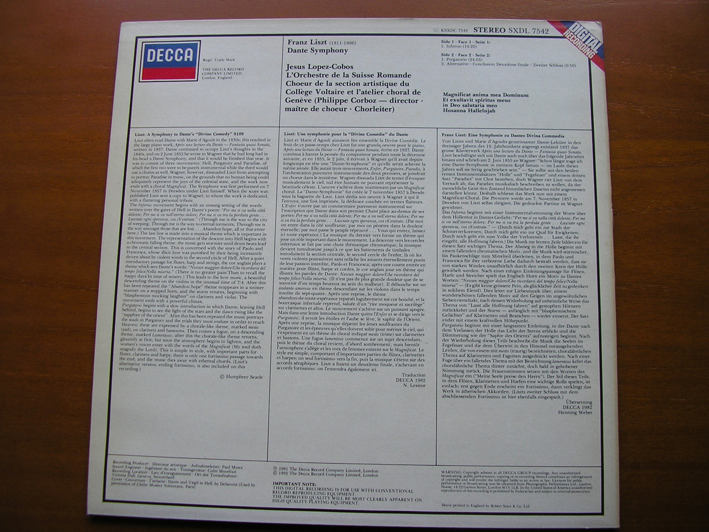 LISZT: DANTE SYMPHONY     LOPEZ - COBOS / SUISSE ROMANDE ORCHESTRA     SXDL 7542