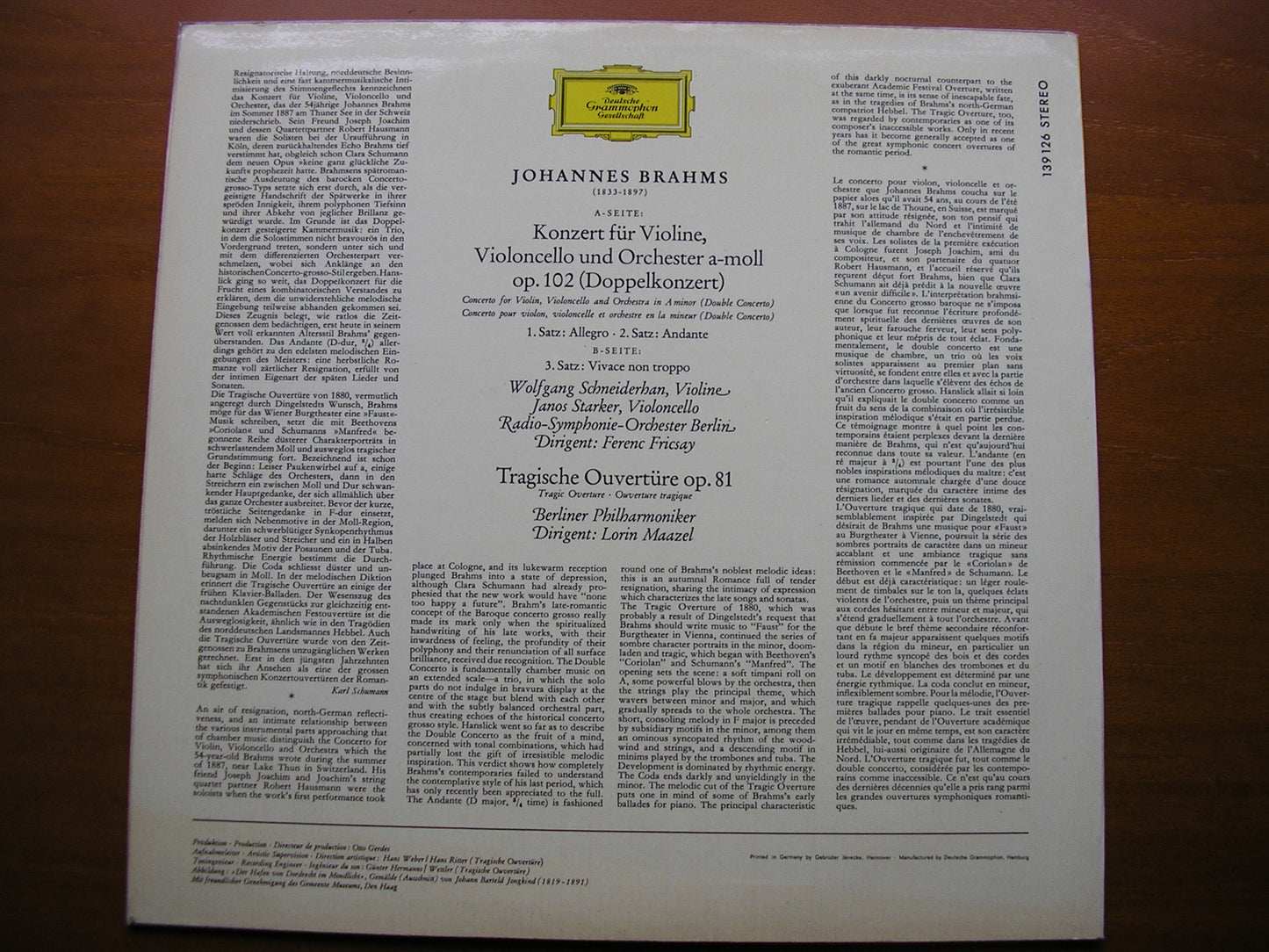BRAHMS: DOUBLE CONCERTO   SCHNEIDERHAN / STARKER / BERLIN RADIO SYMPHONY / FRICSAY     139 126