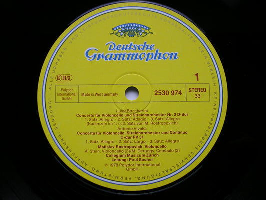 VIVALDI / TARTINI / BOCCHERINI: CELLO CONCERTOS     ROSTROPOVICH / COLLEGIUM  MUSICUM ZURICH / PAUL SACHER    2530 974