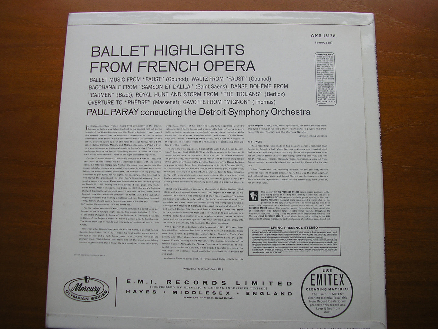 BALLET FROM FRENCH OPERA: BIZET / GOUNOD / THOMAS / BERLIOZ / MASSENET / SAINT-SAENS      PARAY / DETROIT SYMPHONY   AMS 16138