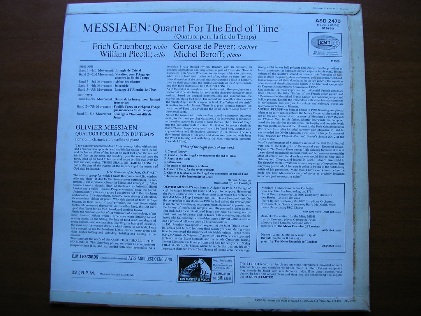 MESSIAEN: QUARTET FOR THE END OF TIME BEROFF / GRUENBERG / DE PEYER / PLEETH ASD 2470