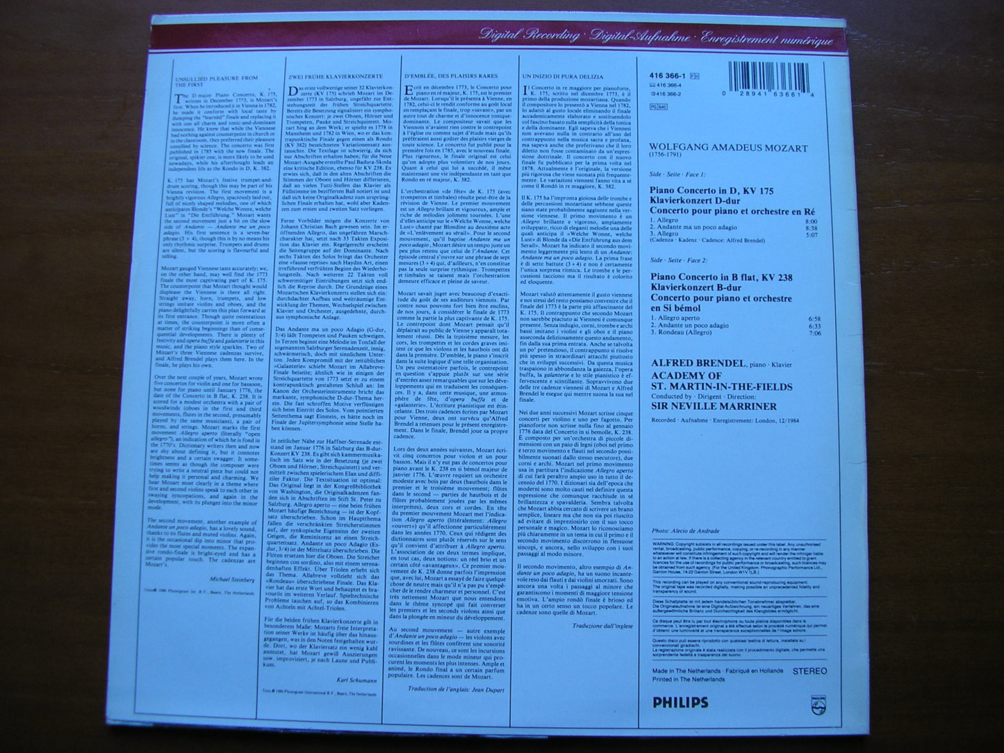 MOZART: PIANO CONCERTOS Nos. 5 & 6 BRENDEL / ASMIF / MARRINER 416 366