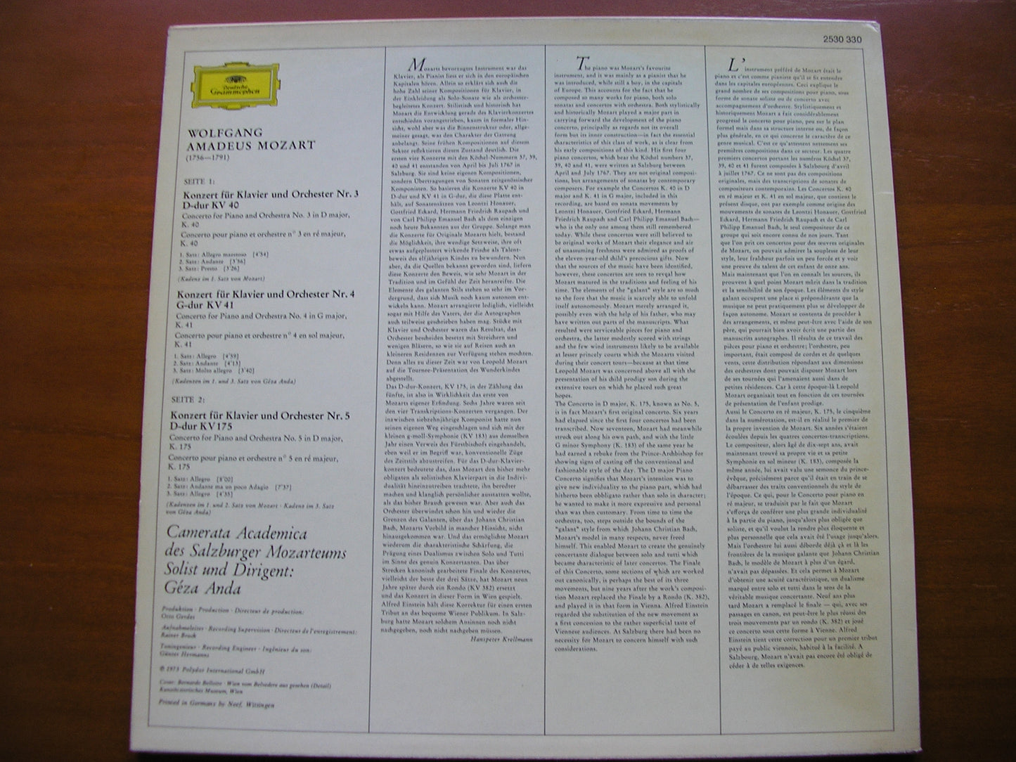 MOZART: PIANO CONCERTOS Nos. 3 / 4 / 5 GEZA ANDA / CAMERATA ACADEMICA DES SALZBURGER MOZARTEUMS 2530 330