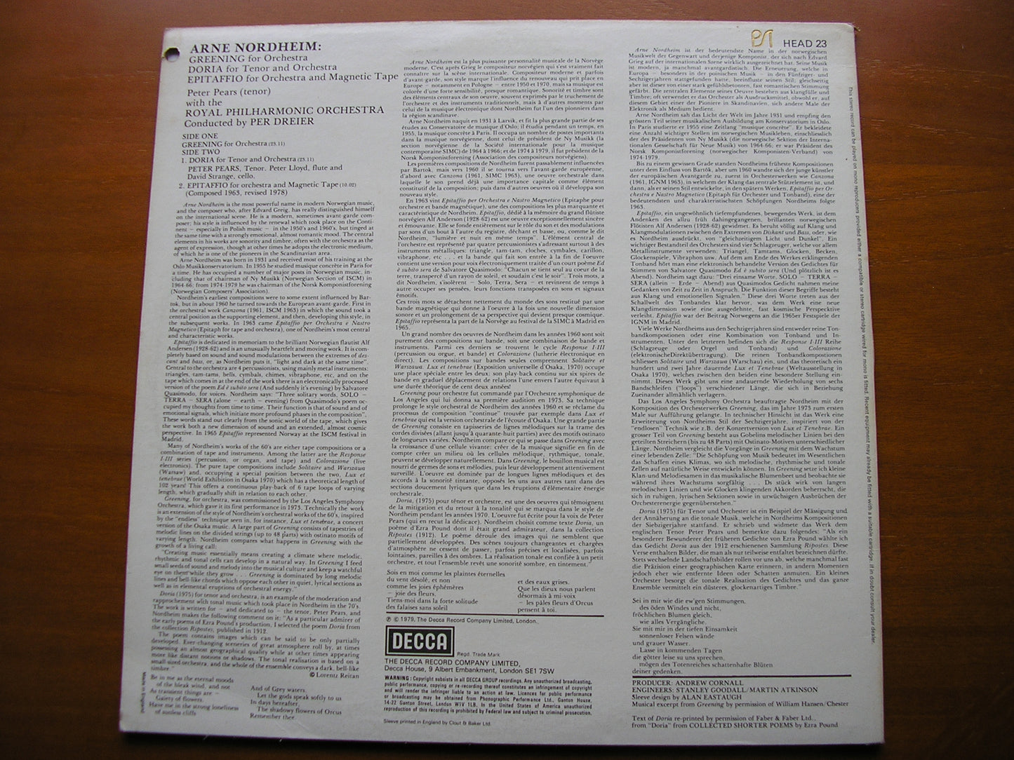 NORDHEIM: GREENING / DORIA / EPITAFFIO PEARS / ROYAL PHILHARMONIC / DREIER HEAD 23