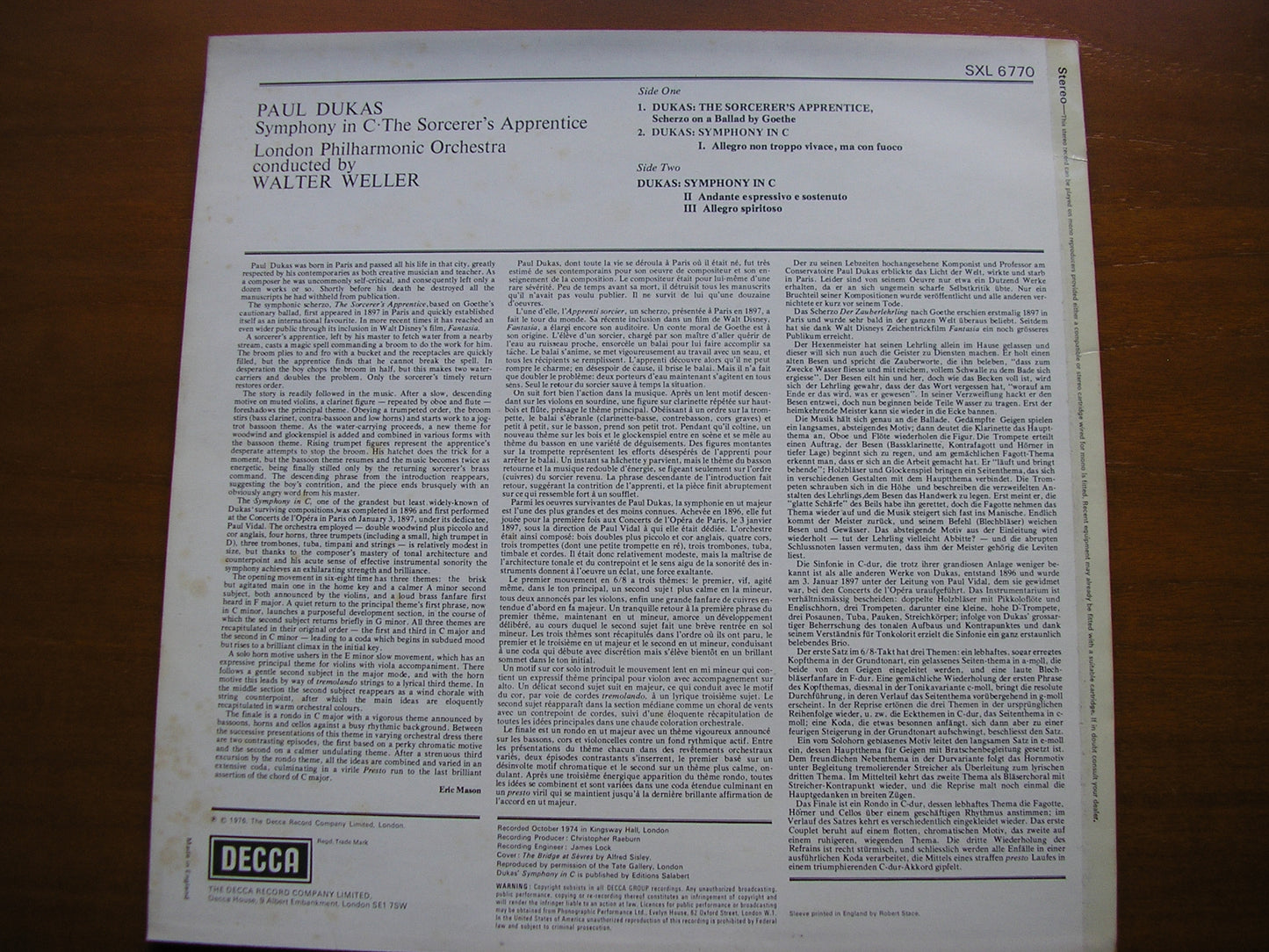DUKAS: SYMPHONY in C / THE SORCERER'S APPRENTICE      WALTER WELLER / LONDON PHILHARMONIC    SXL 6770