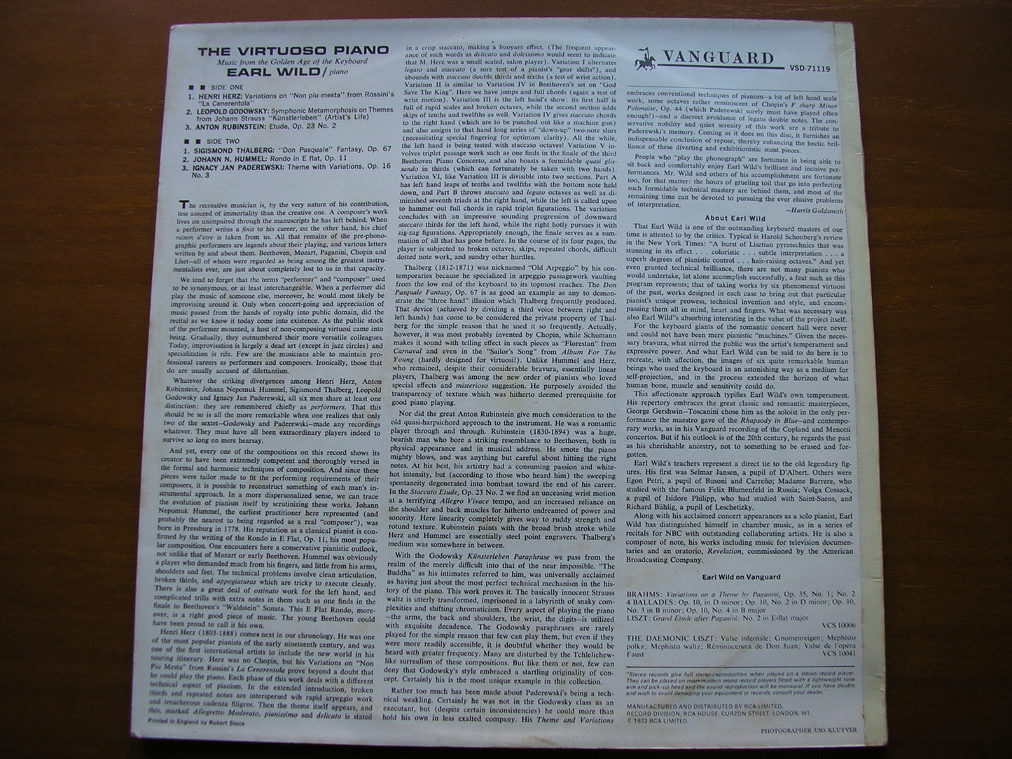 THE VIRTUOSO PIANO: HERZ / THALBERG / GODOWSKY / HUMMEL / RUBINSTEIN / PADEREWSKI EARL WILD VSD 71119