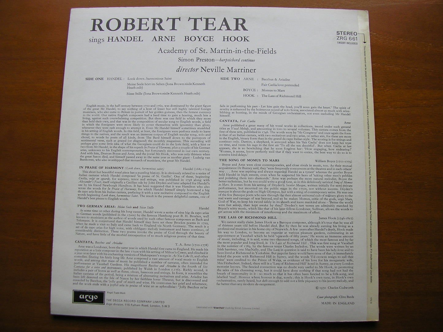 ARNE / HOOK / BOYCE / HANDEL: ARIAS / SONGS / CANTATAS      ROBERT TEAR / ASMIF / MARRINER     ZRG 661