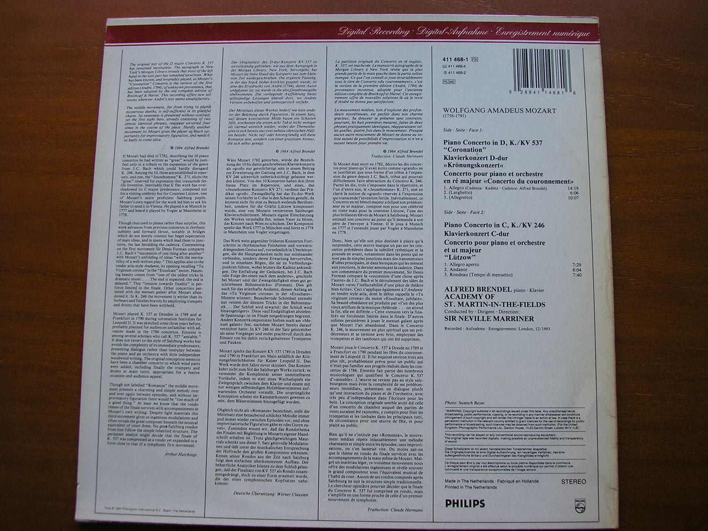 MOZART: PIANO CONCERTOS Nos. 8 & 26 'Coronation' BRENDEL / ASMIF / MARRINER 411 468