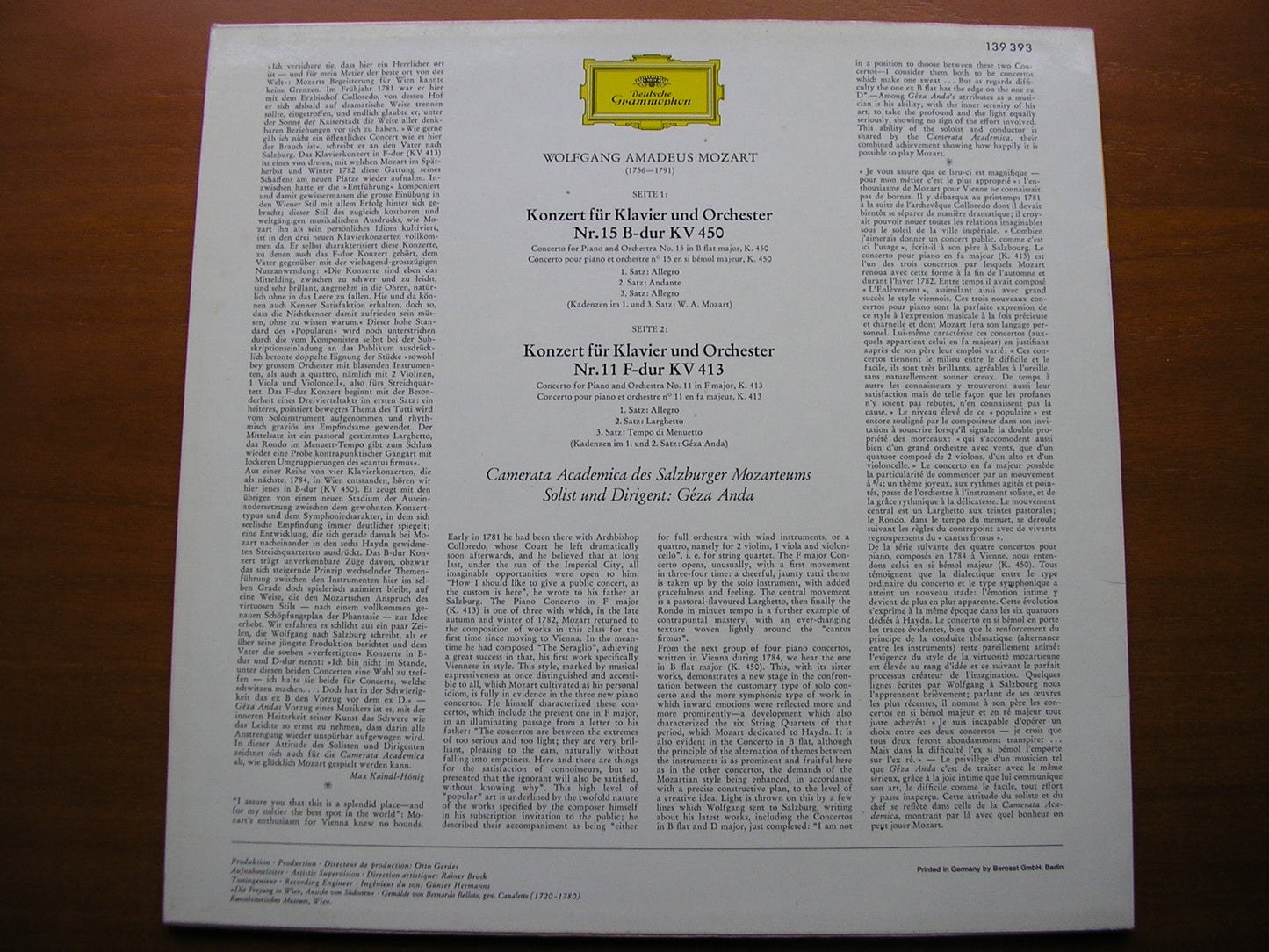 MOZART: PIANO CONCERTOS Nos. 11 & 15       GEZA ANDA / CAMERATA ACADEMICA DES SALZBURGER MOZARTEUMS       139 393