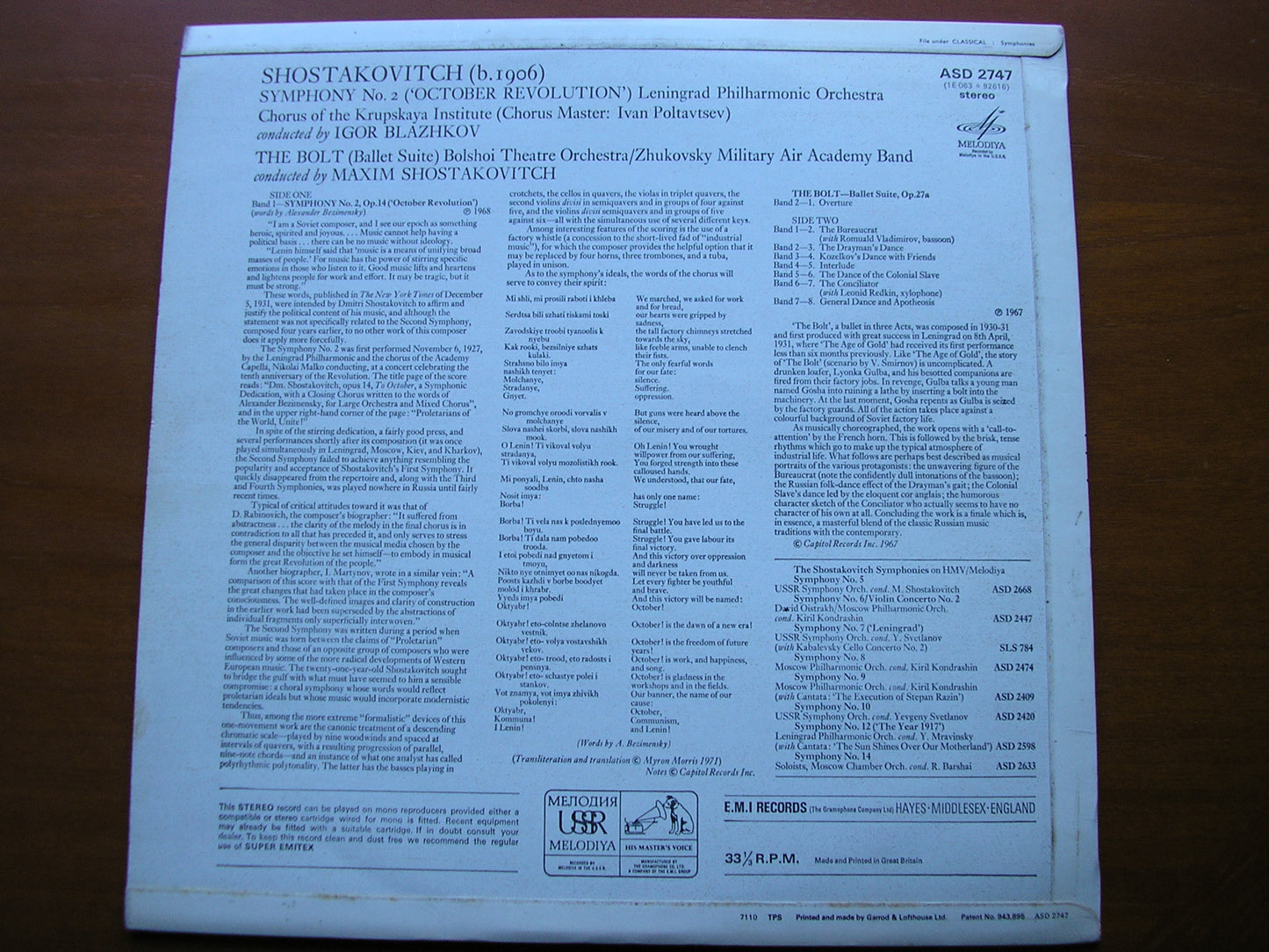 SHOSTAKOVICH: SYMPHONY No. 2 / THE BOLT ballet music    LENINGRAD PO / BLAZHKOV & BOLSHOI ORCHESTRA / MAXIM SHOSTAKOVICH    ASD 2747