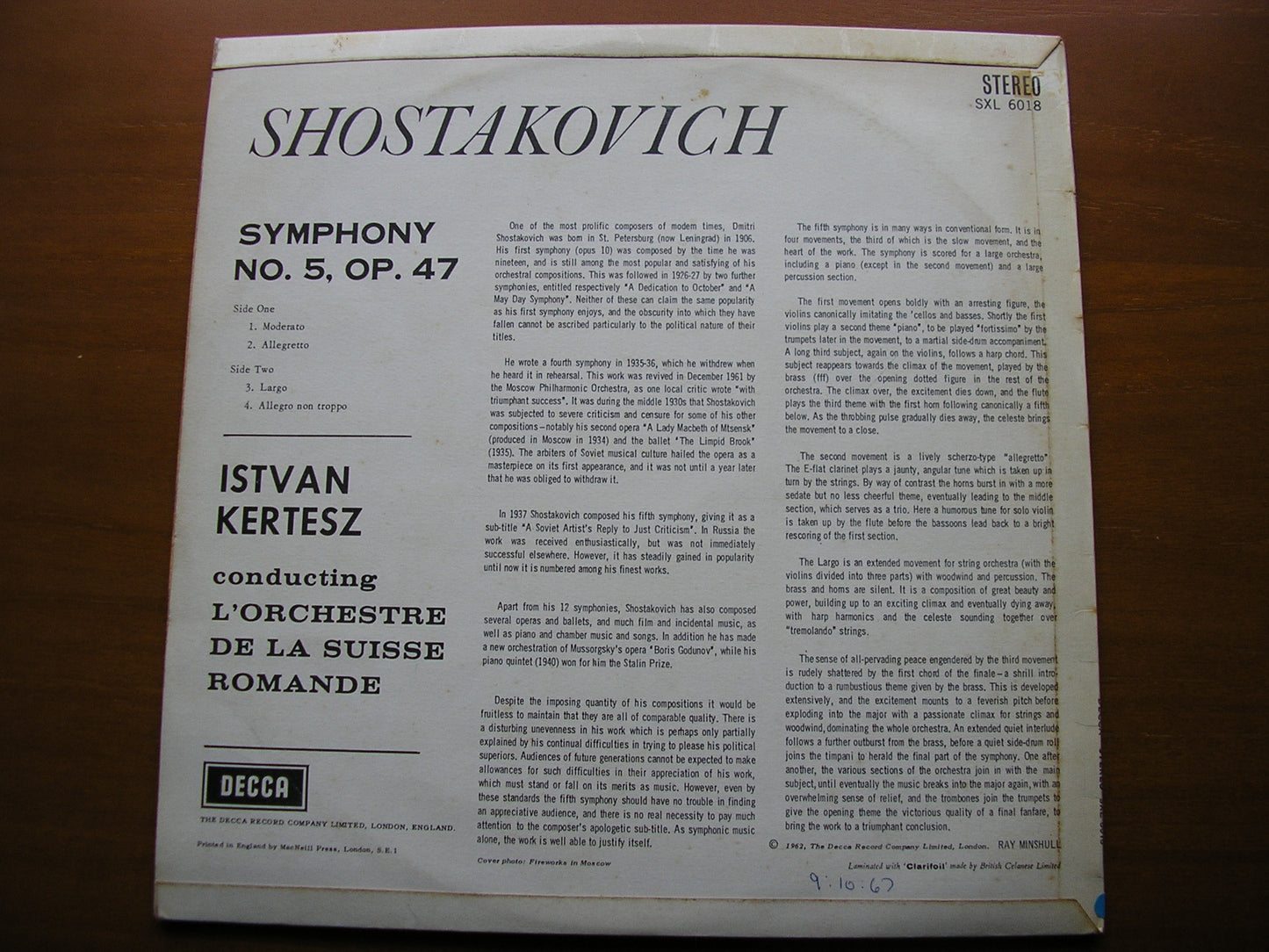 SHOSTAKOVICH: SYMPHONY No. 5     KERTESZ / SUISSE ROMANDE ORCHESTRA     SXL 6018