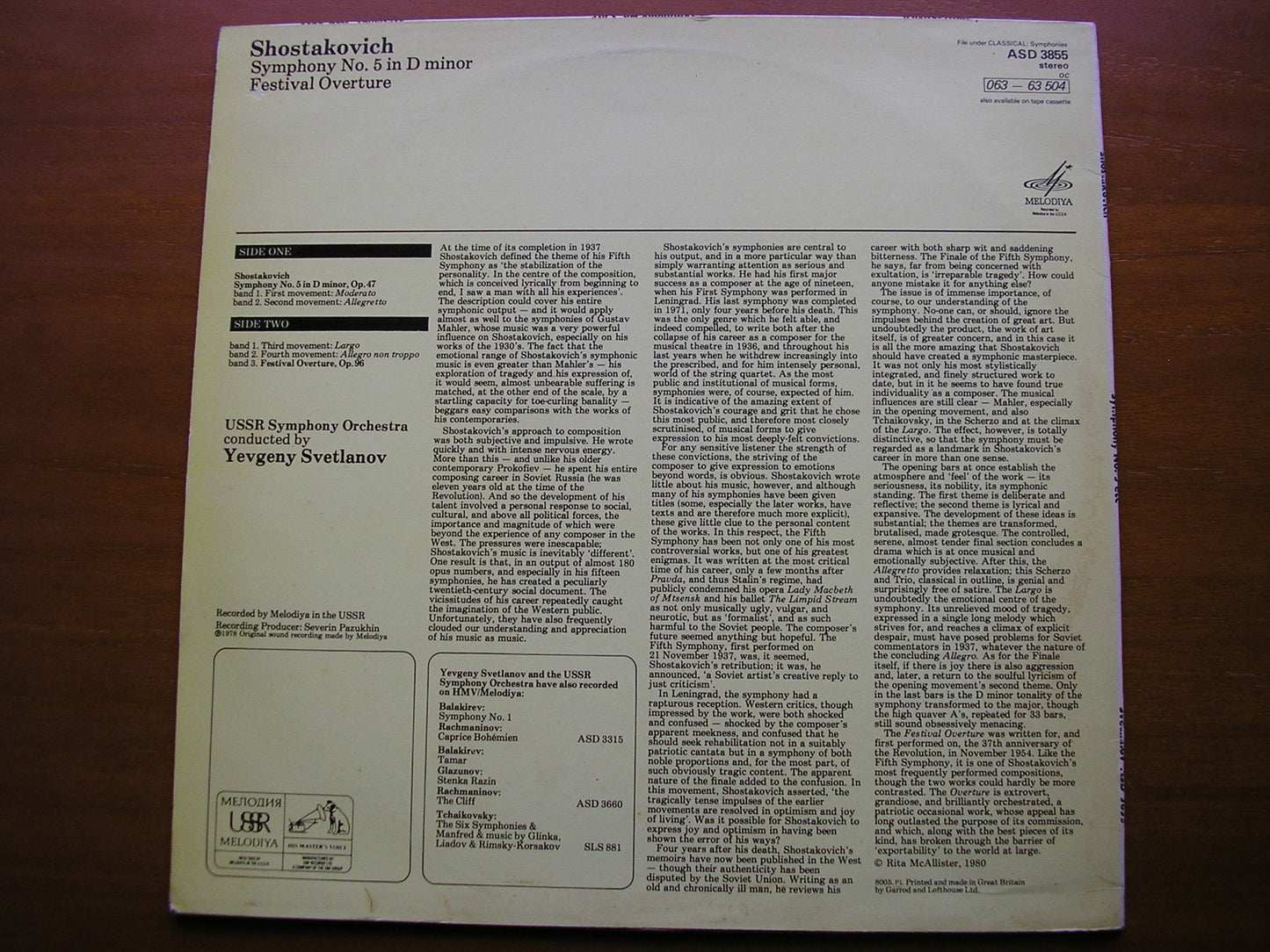 SHOSTAKOVICH: SYMPHONY No. 5 / FESTIVAL OVERTURE    SVETLANOV / USSR SYMPHONY     ASD 3855