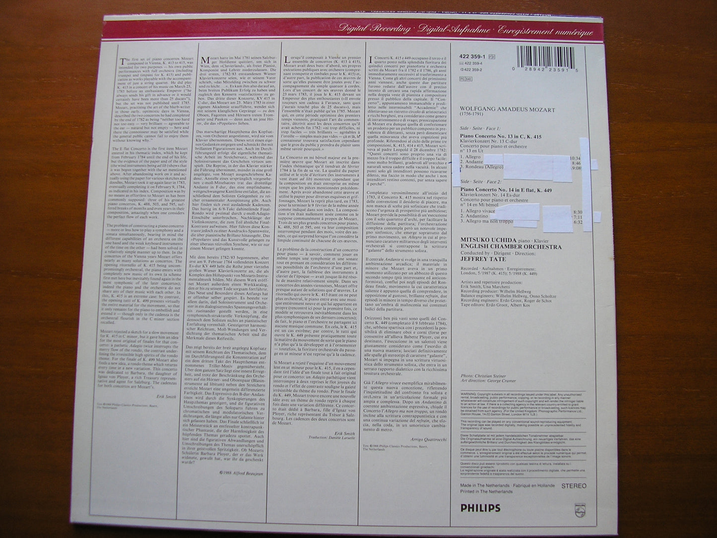 MOZART: PIANO CONCERTOS Nos. 13 & 14      UCHIDA / ENGLISH CHAMBER ORCHESTRA / JEFFREY TATE      422 359