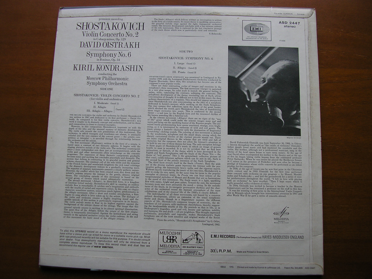 SHOSTAKOVICH: SYMPHONY No. 6 / VIOLIN CONCERTO No. 2 OISTRAKH / MOSCOW PHILHARMONIC / KONDRASHIN ASD 2447