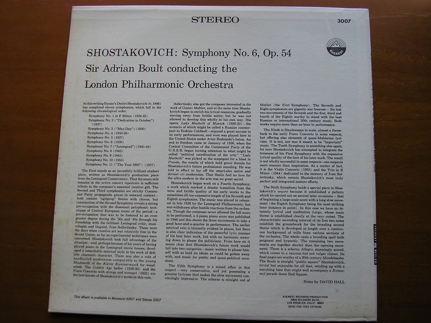 SHOSTAKOVICH: SYMPHONY No. 6 SIR ADRIAN BOULT / LONDON PHILHARMONIC 3007