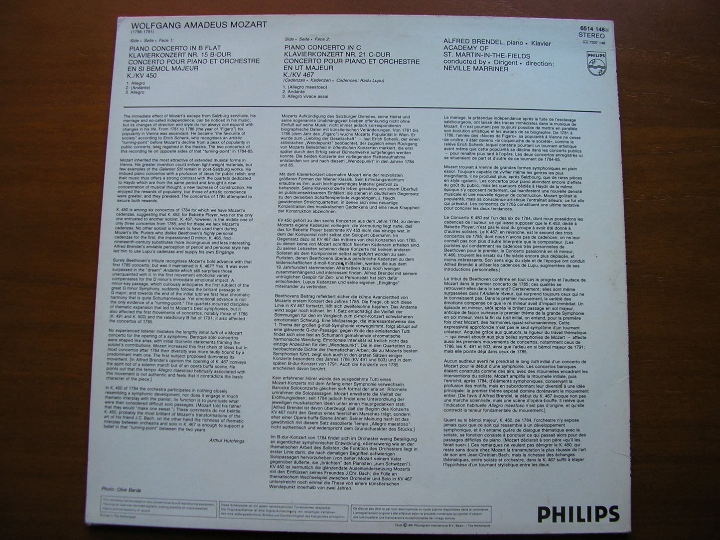 MOZART: PIANO CONCERTOS Nos. 15 & 21      BRENDEL / ASMIF / MARRINER    6514 148