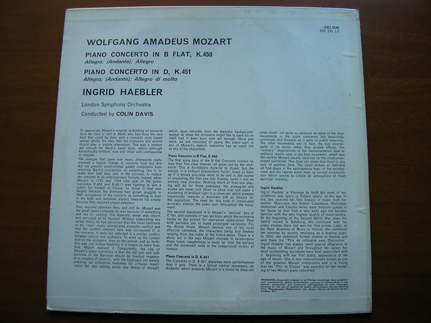 MOZART: PIANO CONCERTOS Nos. 15 & 16     HAEBLER / LONDON SYMPHONY / DAVIS     SAL 3545