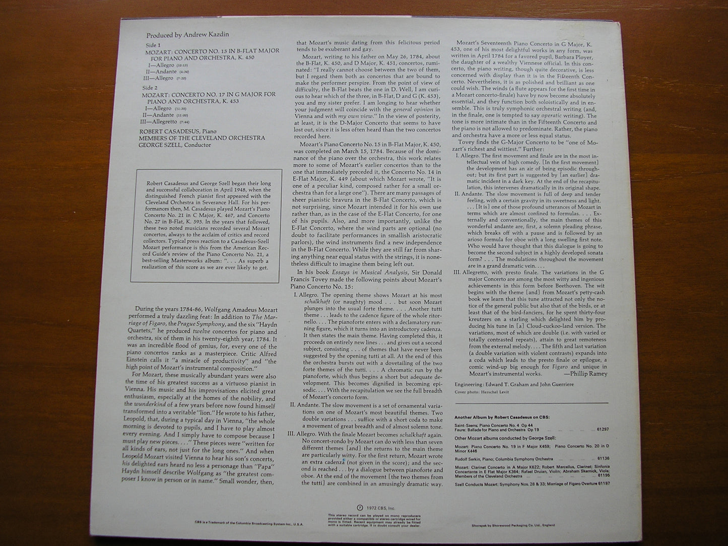 MOZART: PIANO CONCERTOS Nos. 15 & 17     CASADESUS / CLEVELAND ORCHESTRA / SZELL    61348