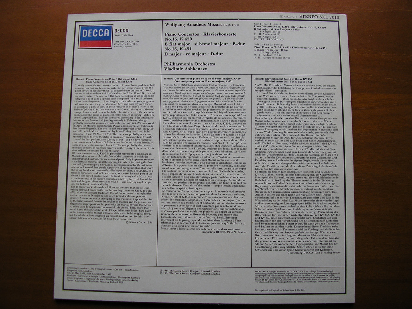 MOZART: PIANO CONCERTOS Nos. 15 & 16       ASHKENAZY / PHILHARMONIA     SXL 7010