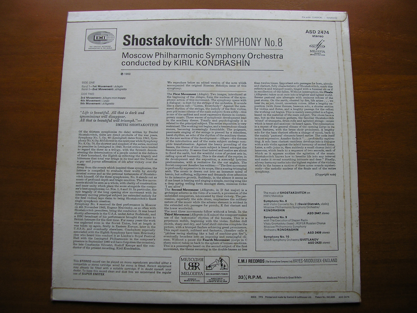 SHOSTAKOVICH: SYMPHONY No. 8 KONDRASHIN / MOSCOW PHILHARMONIC ASD 2474