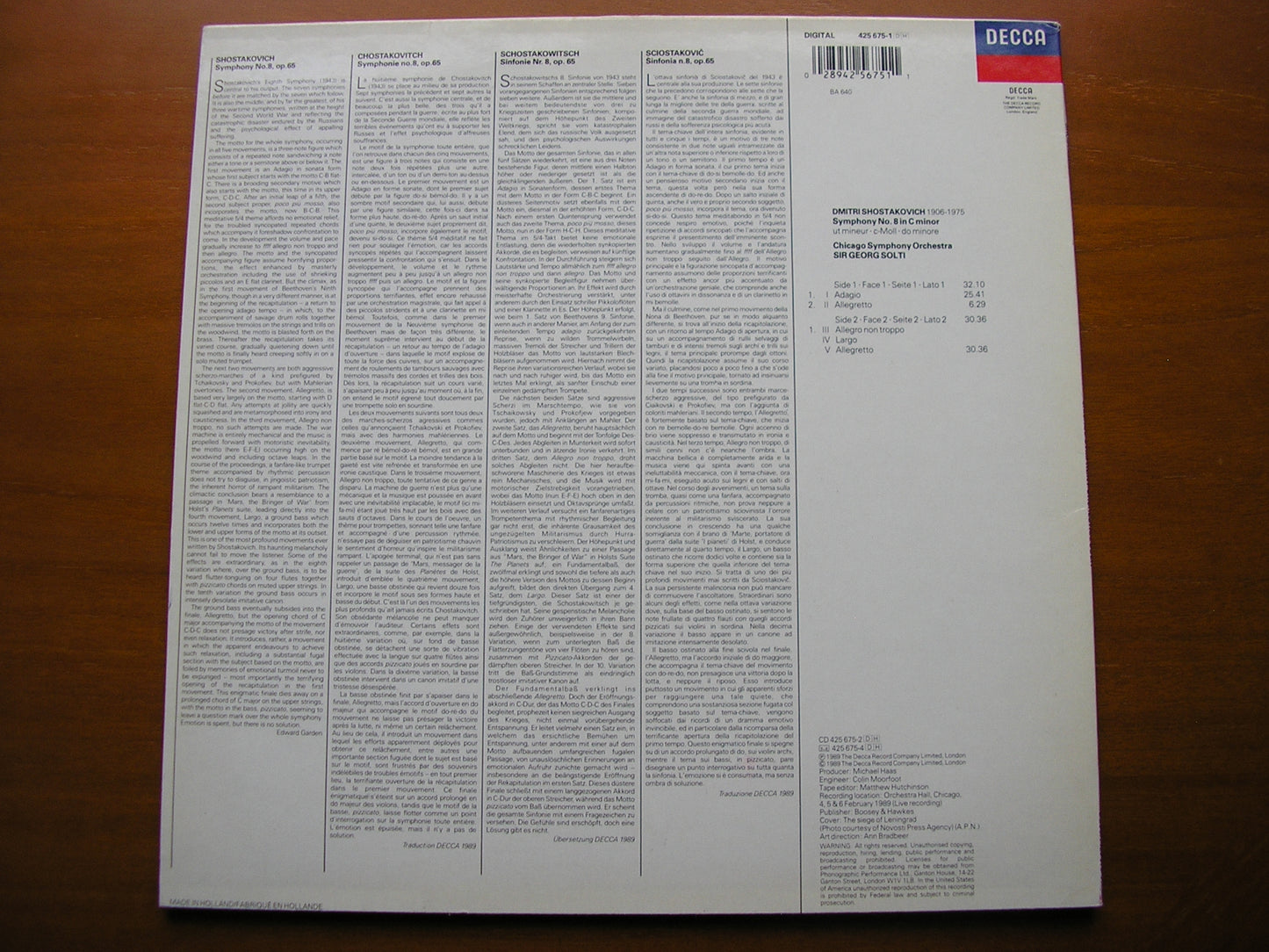 SHOSTAKOVICH: SYMPHONY No. 8 SOLTI / CHICAGO SYMPHONY ORCHESTRA 425 675