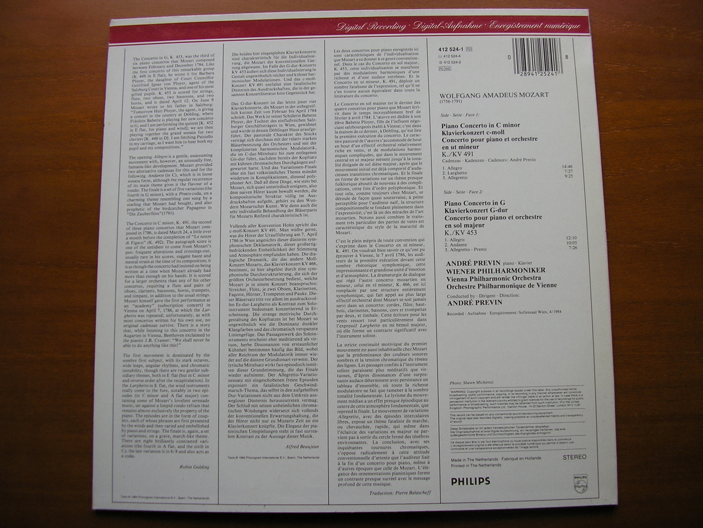 MOZART: PIANO CONCERTOS Nos. 17 & 24      ANDRE PREVIN / VIENNA PHILHARMONIC     412 524