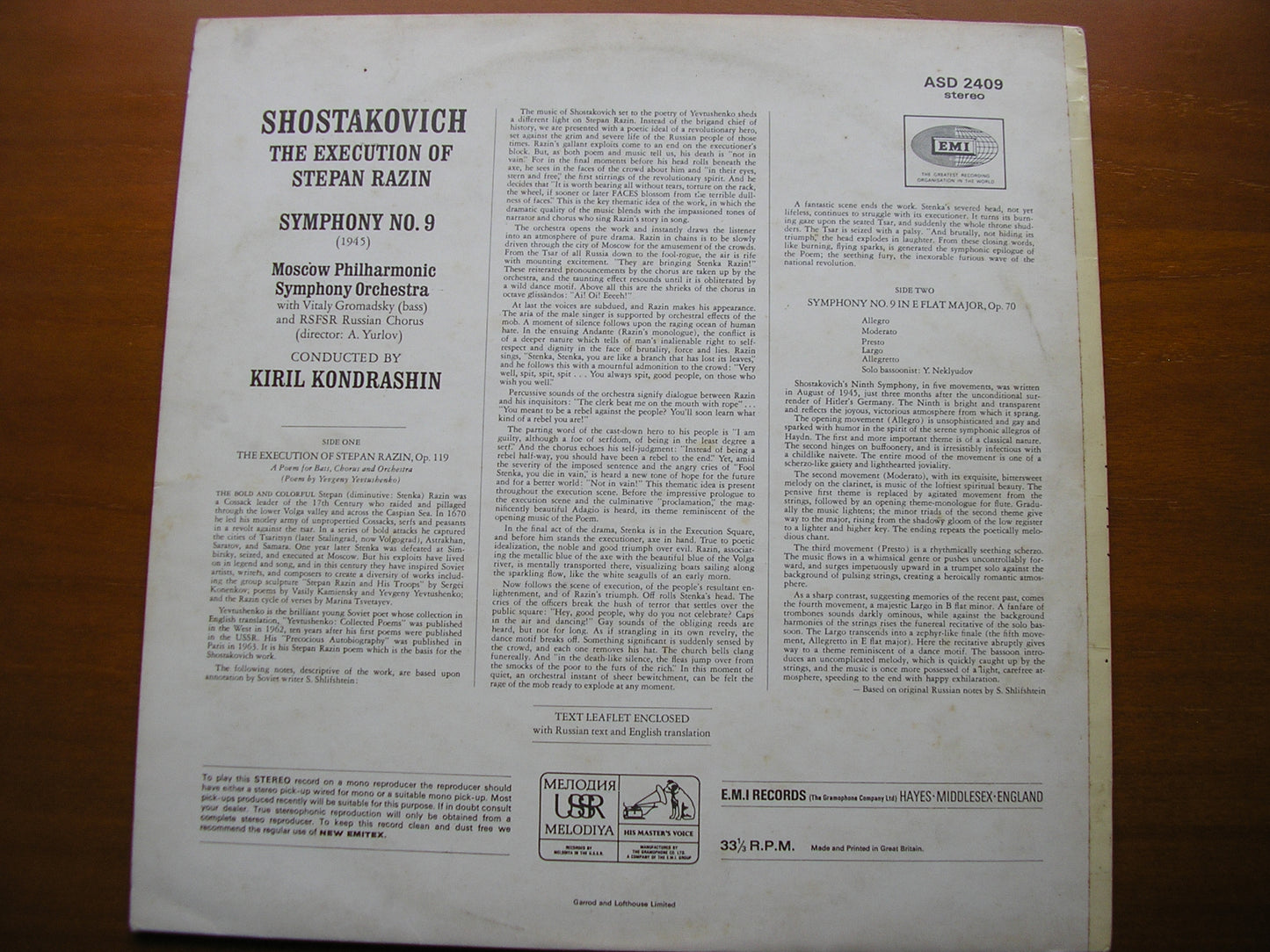 SHOSTAKOVICH: SYMPHONY No. 9 / THE EXECUTION OF STEPAN RAZIN GROMADSKY / MOSCOW PHILHARMONIC / KONDRASHIN ASD 2409