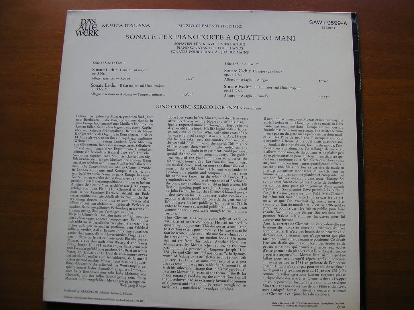 CLEMENTI: PIANO SONATAS FOR 4 HANDS GINO GORINI / SERGIO LORENZI SAWT 9599