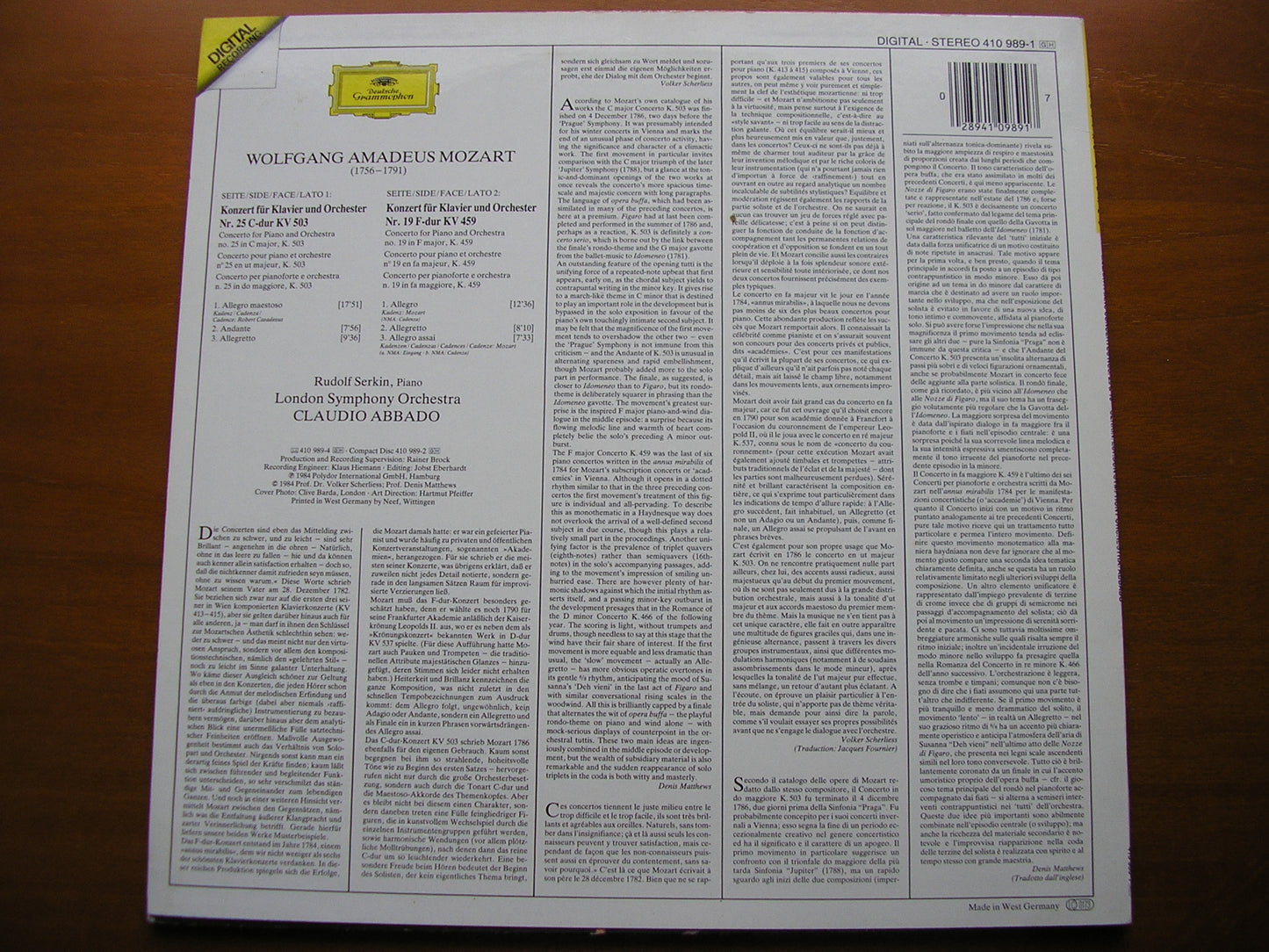 MOZART: PIANO CONCERTOS Nos. 19 & 25 SERKIN / LONDON SYMPHONY / ABBADO 410 989