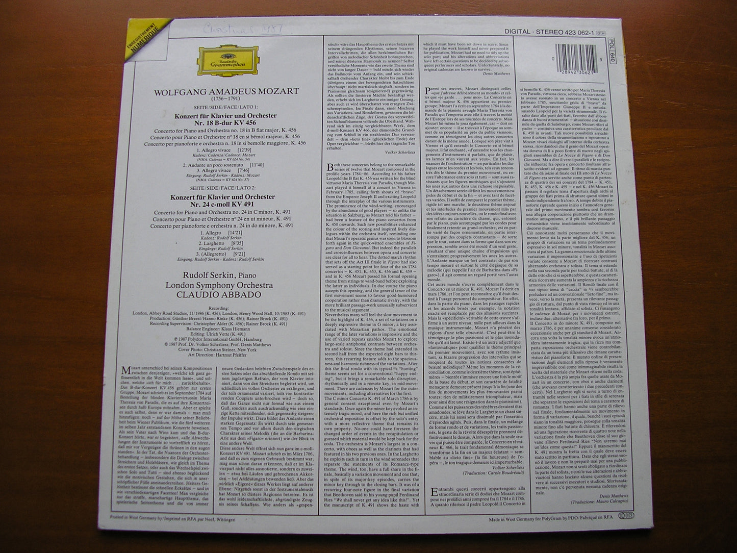 MOZART: PIANO CONCERTOS Nos. 18 & 24 SERKIN / LONDON SYMPHONY / ABBADO 423 062