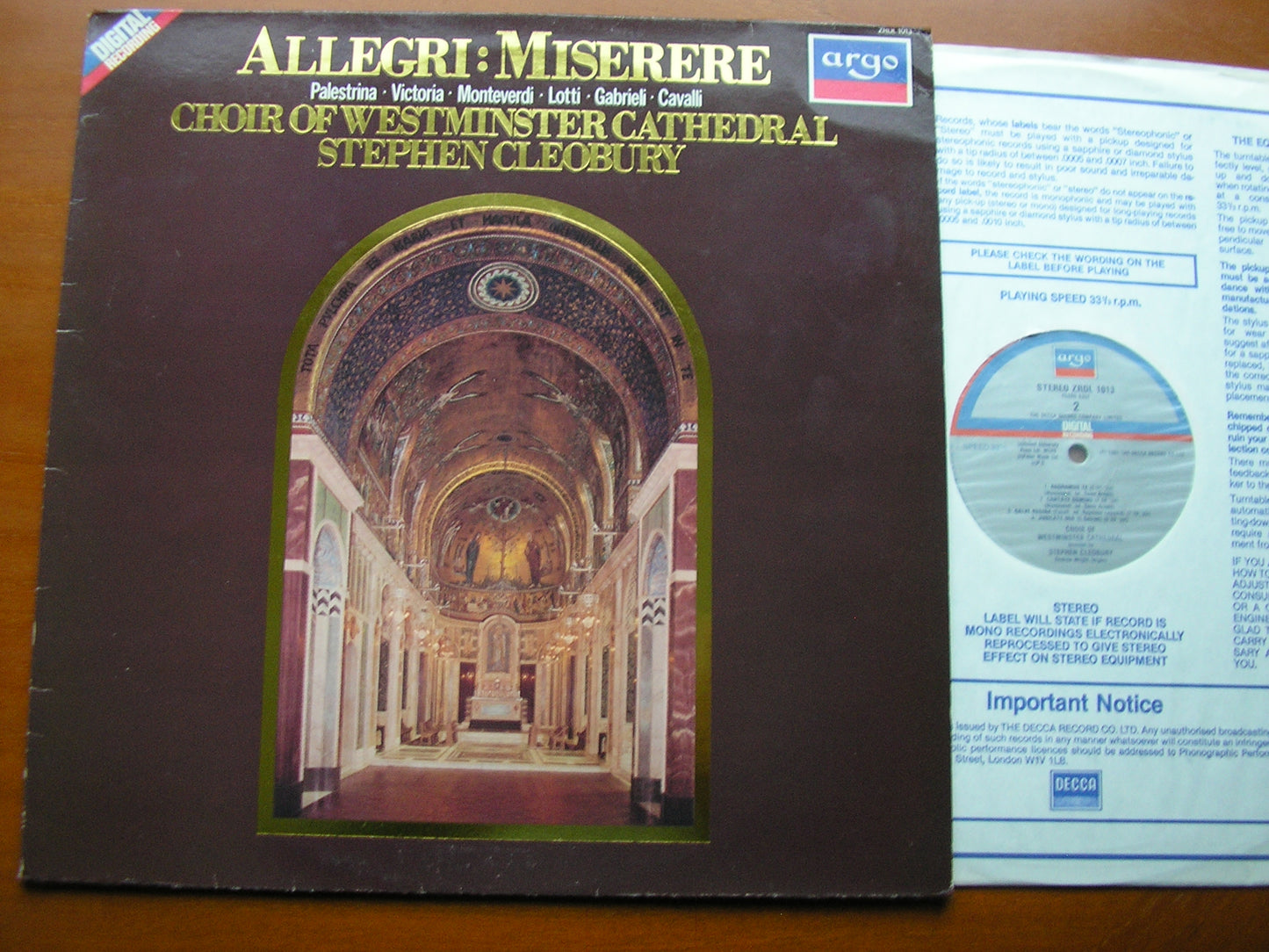ALLEGRI: MISERERE / PALESTRINA / VICTORIA / LOTTI / GABRIELI / CAVALLI / MONTEVERDI CHOIR OF WESTMNSTER CATHEDRAL / CLEOBURY ZRDL 1013