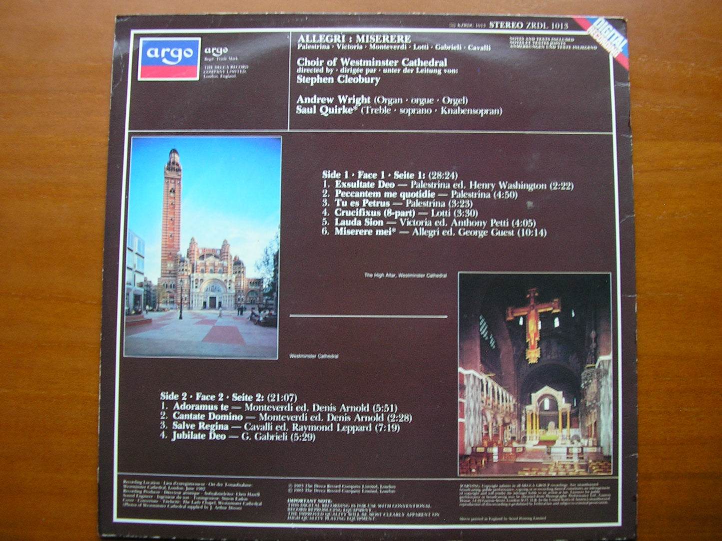 ALLEGRI: MISERERE / PALESTRINA / VICTORIA / LOTTI / GABRIELI / CAVALLI / MONTEVERDI CHOIR OF WESTMNSTER CATHEDRAL / CLEOBURY ZRDL 1013