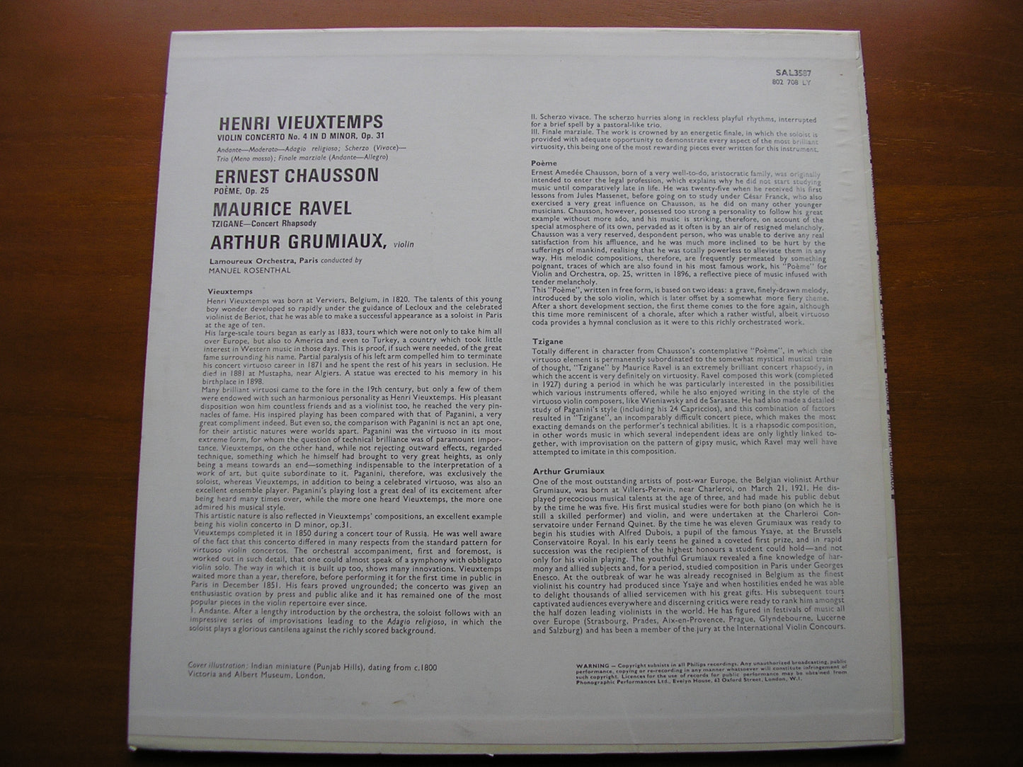 VIEUXTEMPS / CHAUSSON / RAVEL: MUSIC FOR VIOLIN & ORCHESTRA GRUMIAUX / LAMOUREUX ORCHESTRA / ROSENTHAL SAL 3587