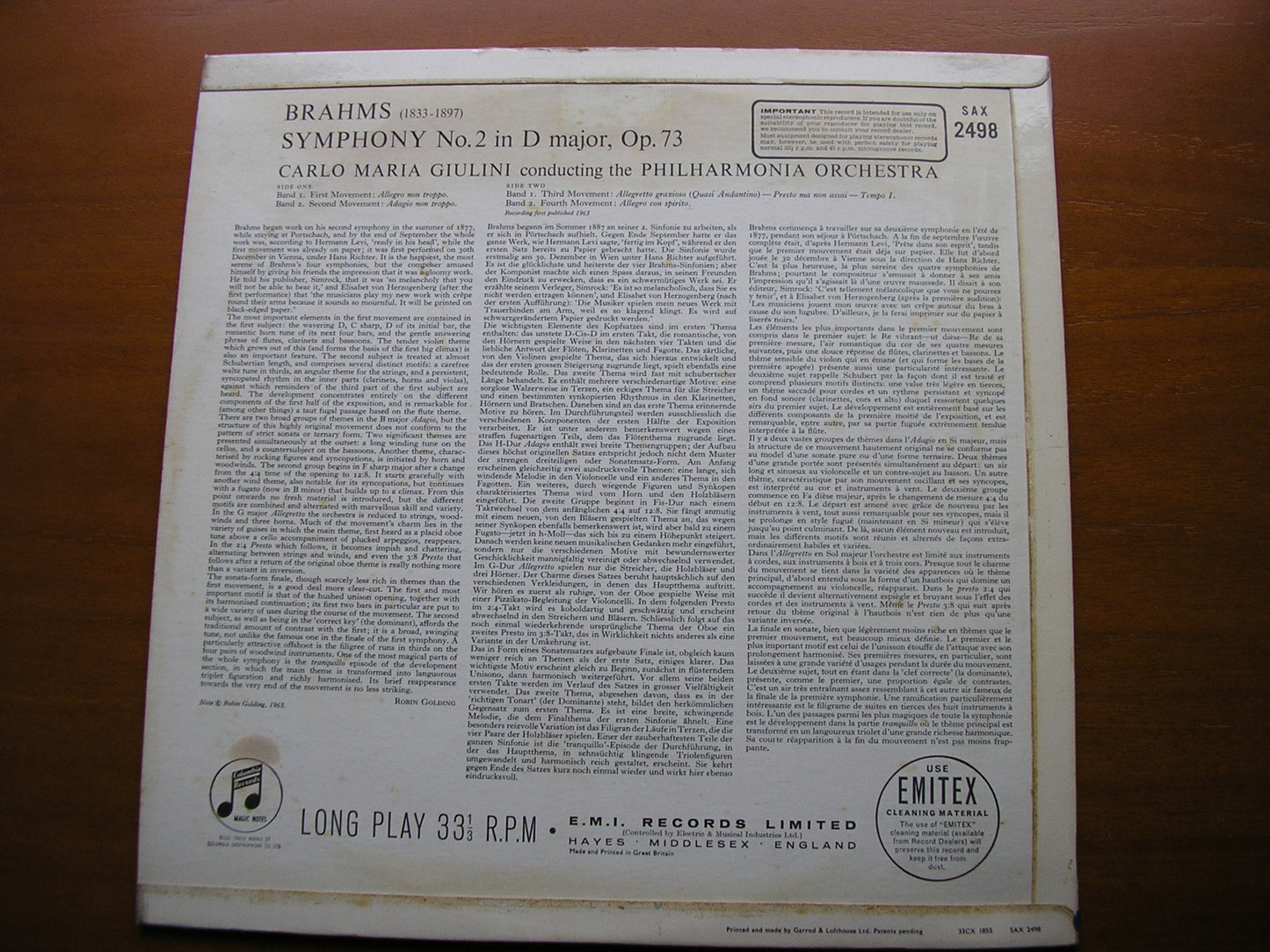 SAX 2498 BRAHMS: SYMPHONY No. 2 PHILHARMONIA / GIULINI